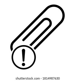 Paper clip with exclamation mark, black color isolated on white background. School element vector