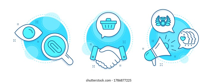 Paper clip, Friends couple and Laureate medal line icons set. Handshake deal, research and promotion complex icons. Shopping basket sign. Attach paperclip, Friendship, Laurel wreath. Vector
