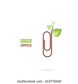Paper clip & green leafs icon vector logo design template.Green Office Template Design.Green office idea concept.Design for greeting Card,Poster,Flyer,Cover,Brochure,Abstract sign.Vector illustration
