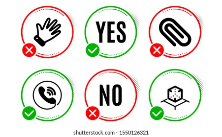 Paper clip, Hand and Call center icons simple set. Yes no check box. Augmented reality sign. Attach paperclip, Waving palm, Phone support. Virtual reality. Business set. Paper clip icon. Vector