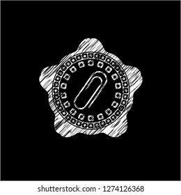 paper clip icon drawn chalk emblem, retro style, chalk or chalkboard texture