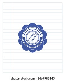 paper clip icon emblem with pen effect. Blue ink. Vector Illustration. Detailed.