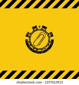 paper clip icon grunge black emblem with yellow background, warning sign. Vector Illustration. Detailed. 