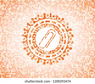 paper clip icon inside abstract orange mosaic emblem with background