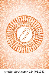 paper clip icon inside abstract emblem, orange mosaic background