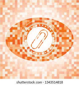 paper clip icon inside abstract emblem, orange mosaic background