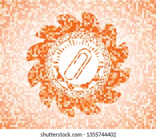 paper clip icon inside abstract emblem, orange mosaic background
