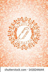 paper clip icon inside abstract orange mosaic emblem with background