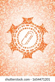 paper clip icon inside abstract emblem, orange mosaic background