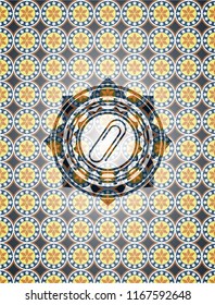 paper clip icon inside arabesque emblem background. arabic decoration.