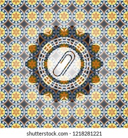 paper clip icon inside arabesque badge background. arabic decoration.