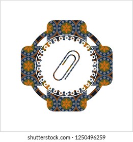 paper clip icon inside arabesque badge background. arabic decoration.
