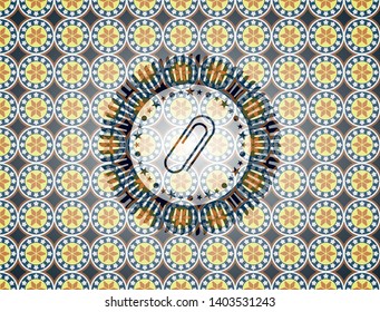paper clip icon inside arabic emblem background. Arabesque decoration.
