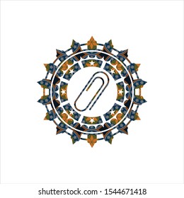 paper clip icon inside arabic style badge. Arabesque decoration.