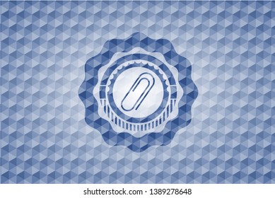 paper clip icon inside blue emblem with geometric background.