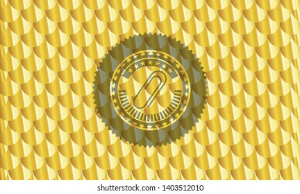 paper clip icon inside gold shiny emblem. Scales pattern. Vector Illustration. Detailed.