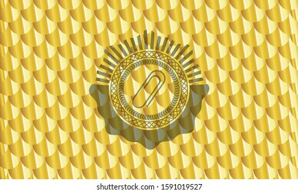 paper clip icon inside gold badge or emblem. Scales pattern. Vector Illustration. Detailed.