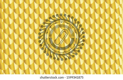 paper clip icon inside gold emblem or badge. Scales pattern. Vector Illustration. Detailed.