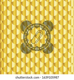 paper clip icon inside golden emblem. Scales pattern. Vector Illustration. Detailed.