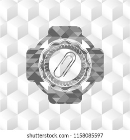 paper clip icon inside grey emblem. Vintage with geometric cube white background