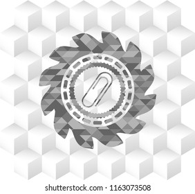 paper clip icon inside grey emblem. Vintage with geometric cube white background
