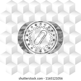 paper clip icon inside grey emblem. Vintage with geometric cube white background