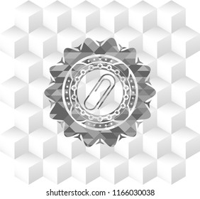 paper clip icon inside grey emblem. Vintage with geometric cube white background