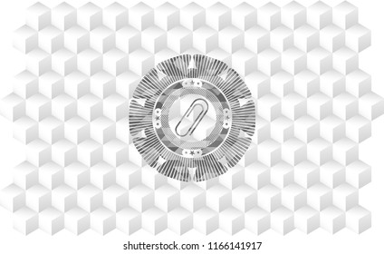 paper clip icon inside grey emblem with geometric cube white background