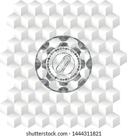 paper clip icon inside grey emblem. Retro with geometric cube white background