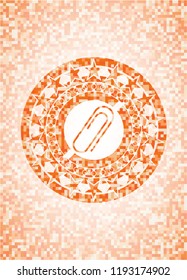 paper clip icon inside orange mosaic emblem with background