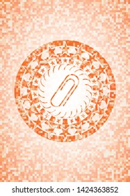 paper clip icon inside orange tile background illustration. Square geometric mosaic seamless pattern with emblem inside.