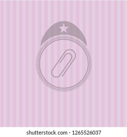 paper clip icon inside pink emblem. Retro