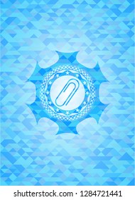 paper clip icon inside realistic sky blue mosaic emblem
