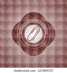 paper clip icon inside red emblem with geometric pattern background. Seamless.