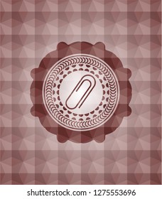 paper clip icon inside red emblem or badge with abstract geometric polygonal pattern background. Seamless.
