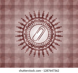 paper clip icon inside red emblem or badge with abstract geometric polygonal pattern background. Seamless.