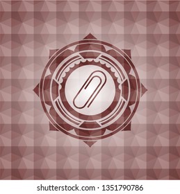 paper clip icon inside red emblem or badge with abstract geometric pattern background. Seamless.