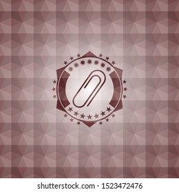 paper clip icon inside red seamless geometric pattern emblem. Seamless.