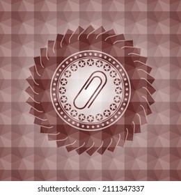 paper clip icon inside red seamless emblem or badge with geometric pattern background. 