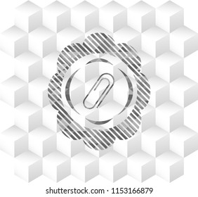 paper clip icon inside retro style grey emblem with geometric cube white background