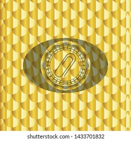 paper clip icon inside shiny golden badge. Scales pattern. Vector Illustration. Detailed.