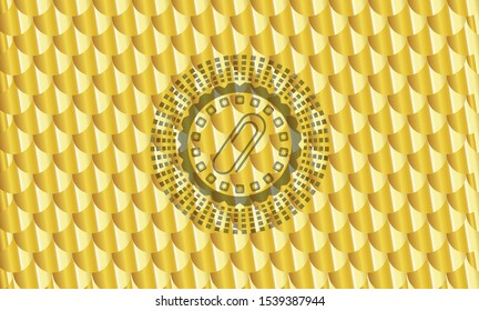 paper clip icon inside shiny golden emblem. Scales pattern. Vector Illustration. Detailed.