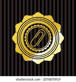 paper clip icon inside shiny badge. 