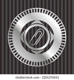 paper clip icon inside silvery shiny emblem. 