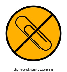 Paper clip icon. not allowed, black object in warning sign with orange background color