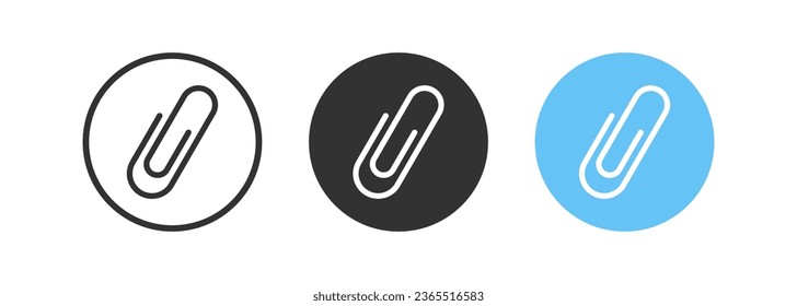 Paper clip icon. Paperclip symbol. Clamp document signs. Attach mail symbols. Fastener tool icons. Black, blue color. Vector isolated sign.