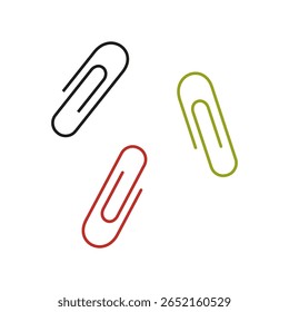 Conjunto de ícones de clipe de papel. Clipe de papel de escritório em preto, vermelho, cores verdes. Material escolar. Elementos de papelaria. Ilustração vetorial isolada em branco.