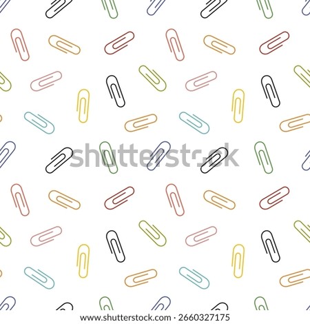 Paper clip icon set seamless pattern. Office paper clip in black, red, green colors textile design. School supplies. Stationery elements. Vector Illustration isolated on white.