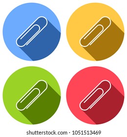 Paper clip icon. Set of white icons with long shadow on blue, orange, green and red colored circles. Sticker style