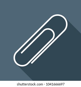 Paper clip icon. White flat icon with long shadow on background